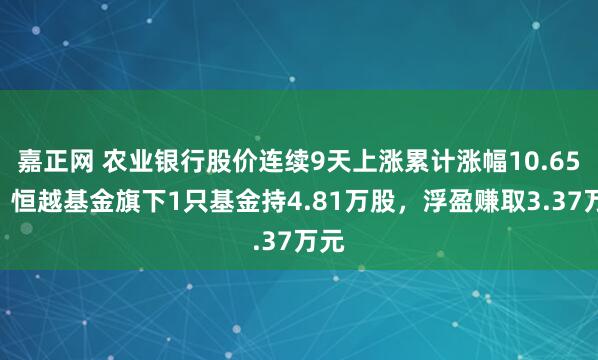 嘉正网 农业银行股价连续9天上涨累计涨幅10.65%，恒越基金旗下1只基金持4.81万股，浮盈赚取3.37万元
