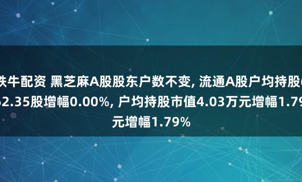铁牛配资 黑芝麻A股股东户数不变, 流通A股户均持股6462.35股增幅0.00%, 户均持股市值4.03万元增幅1.79%